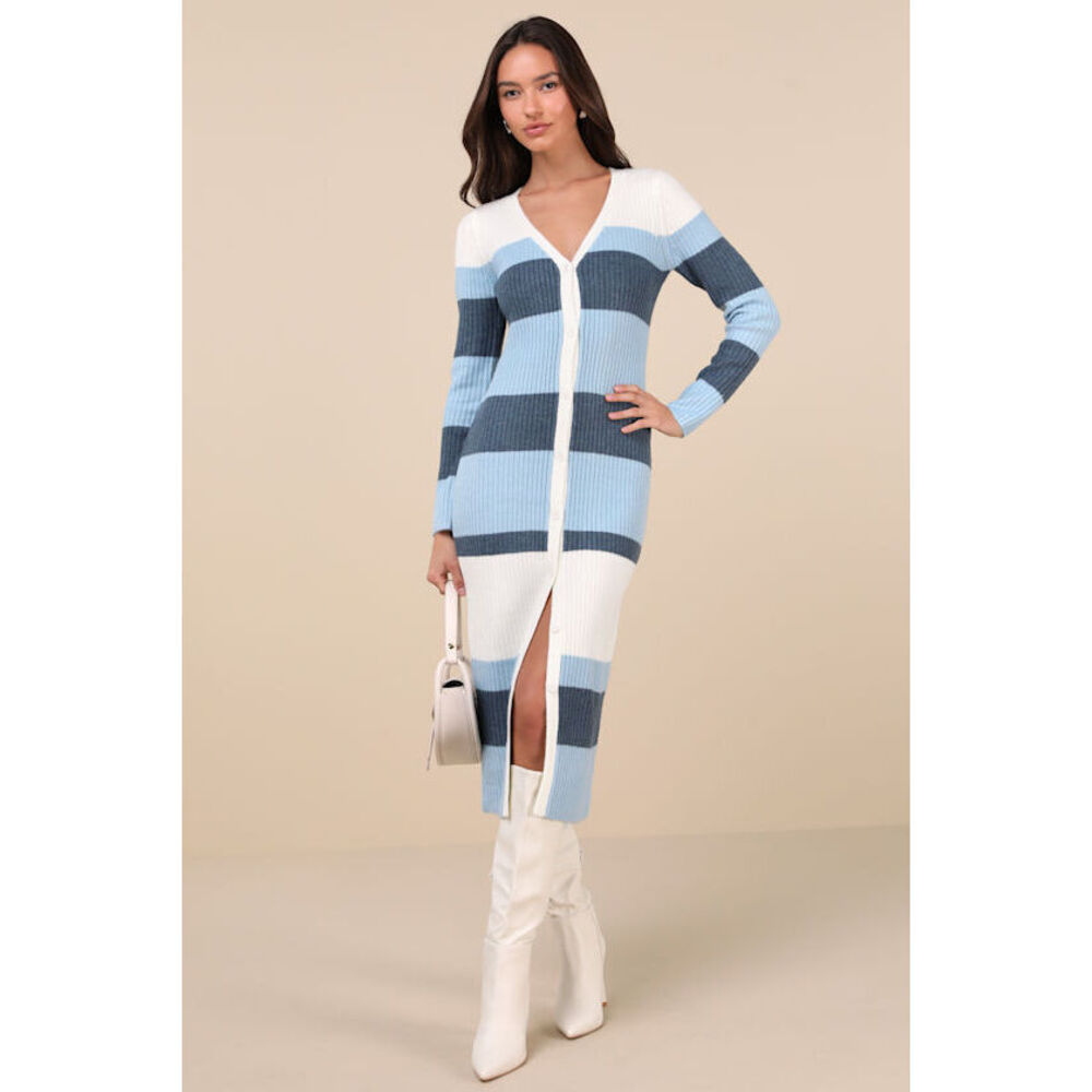 Lulus Comfy Darling Blue Striped Button-up Midi Sweater Dress - Size L